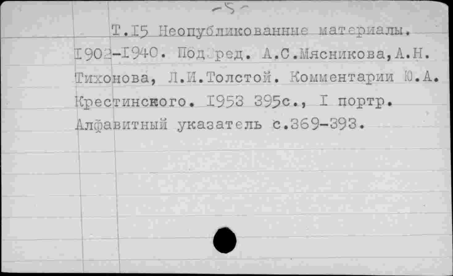 ﻿Т. 15 Неопубликаванныс материалы. 1902-1940. Под ред. А.С.Мясникова,А.Н. Тихонова, Л.И.Толстой. Комментарии Ю.А. Крестинского. 1953 395с., I портр. Алфавитный указатель с.369-393.